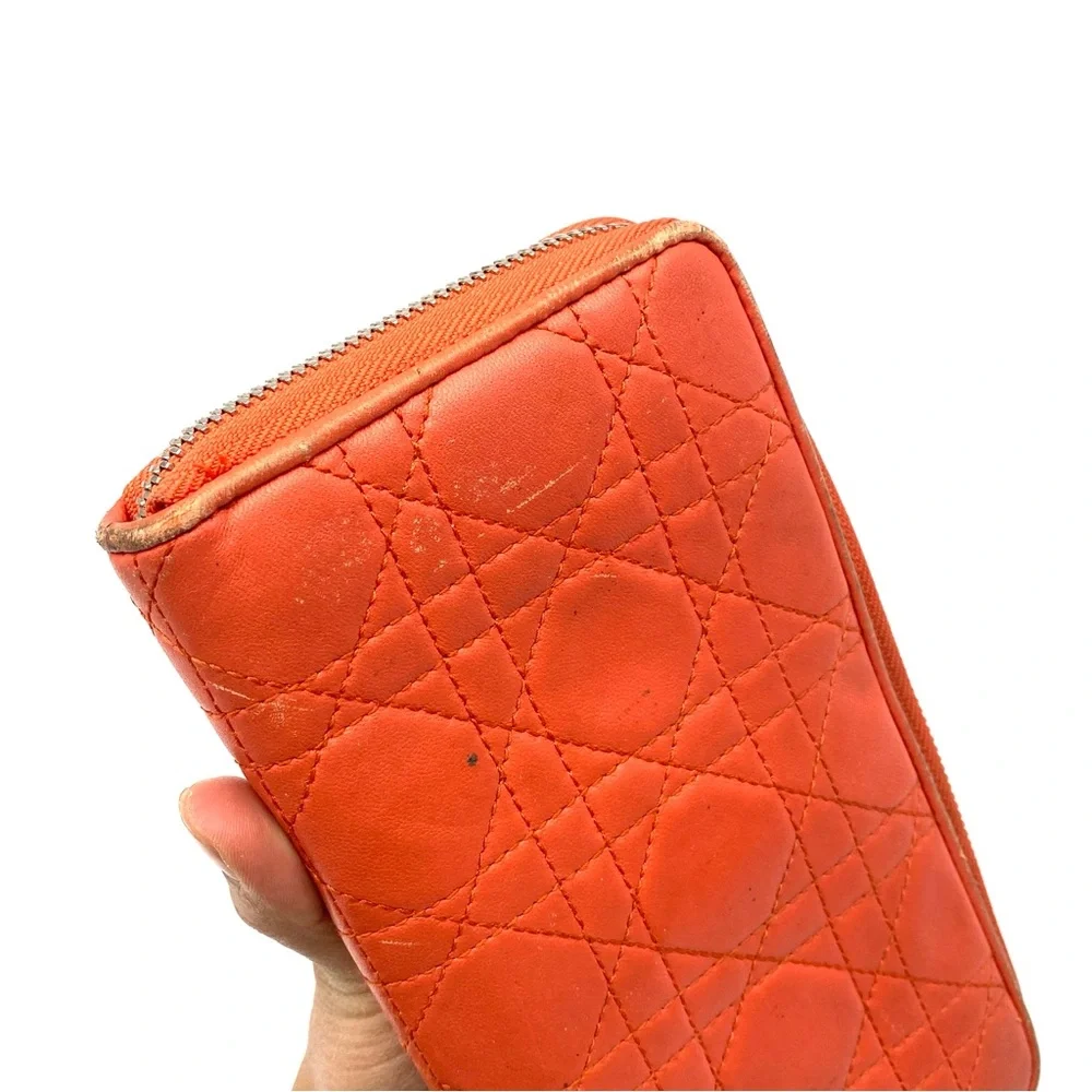 LADY DIOR Orange Coral Leather Iconic Quilted Long Zip Around Wallet Clutch Bag